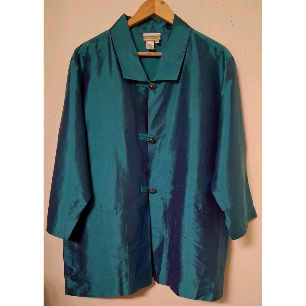 Coldwater Creek Silk Turquoise Button Up Shirt Women Size XL Elegant Jewels